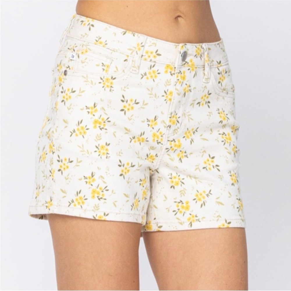 Judy Blue Mid Rise Floral Print Denim Shorts